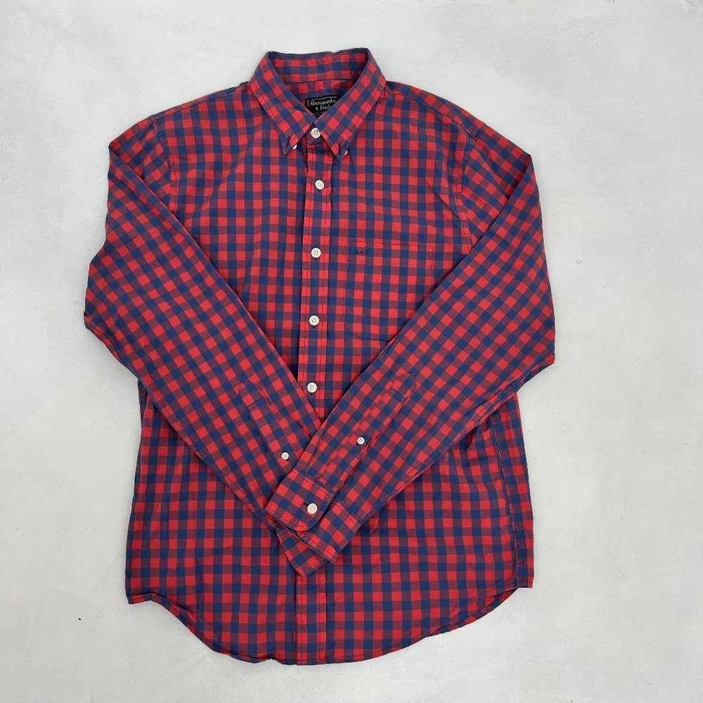 Abercrombie & Fitch Men’s L Dress Shirt Red Blue Plaid Cotton Long Sleeve